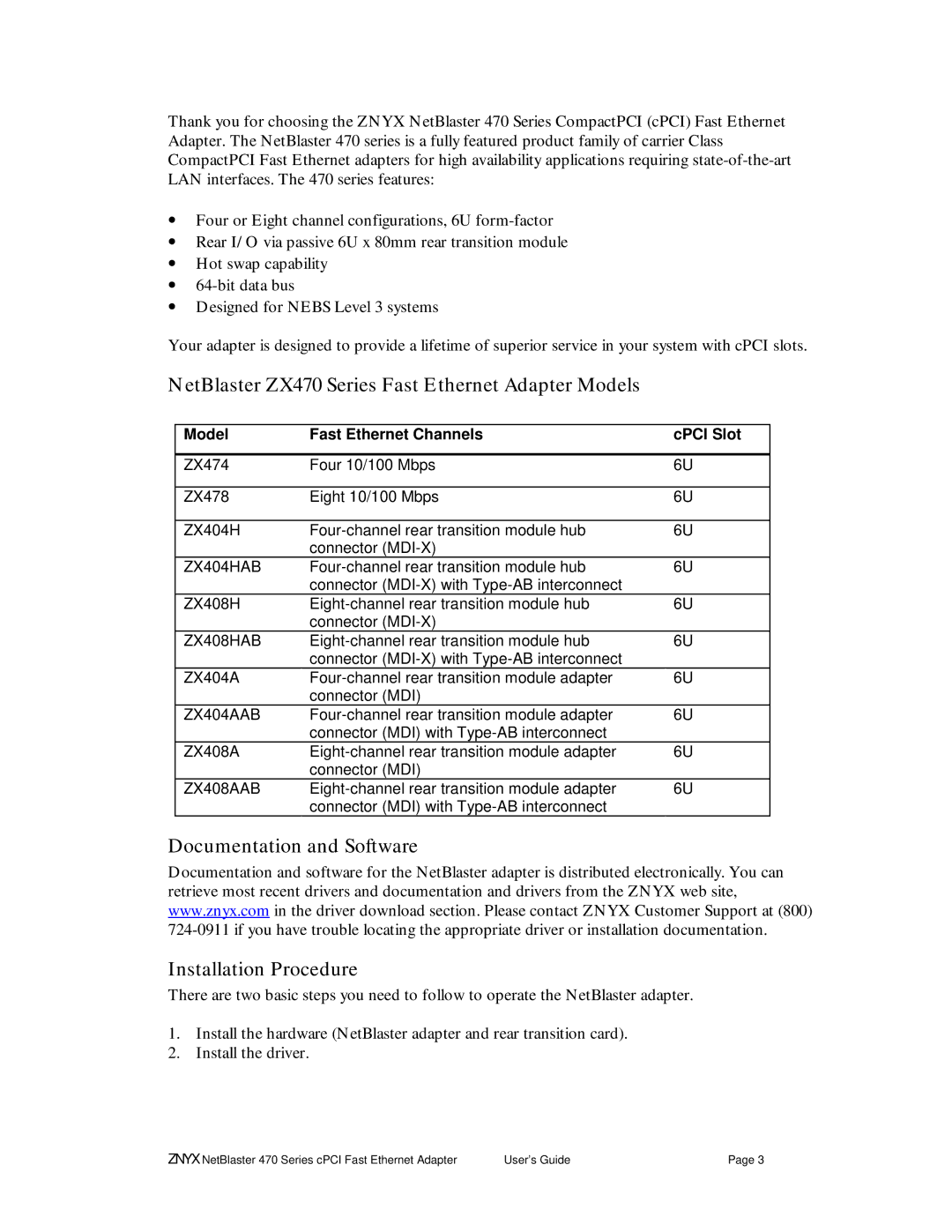 Znyx Networks NetBlaster ZX470 Series Fast Ethernet Adapter Models, Documentation and Software Installation Procedure 