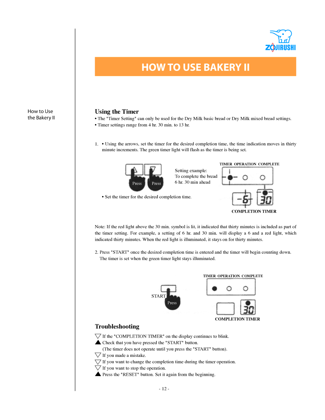 Zojirushi BBCC - M15 specifications Using the Timer, Troubleshooting 