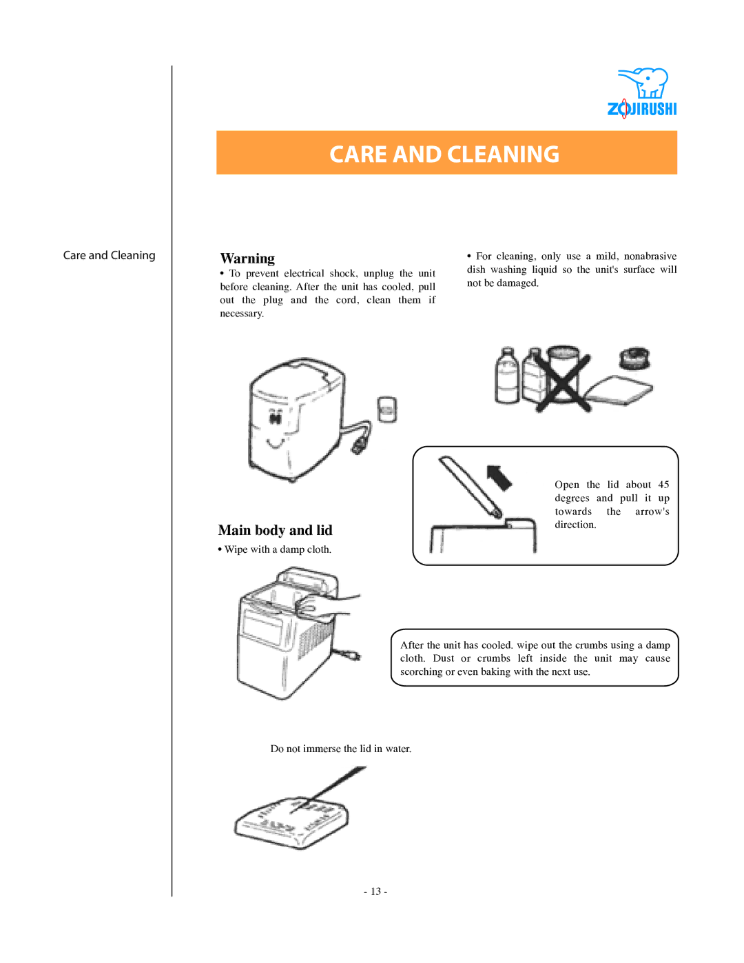 Zojirushi BBCC - M15 specifications Care and Cleaning, Main body and lid 