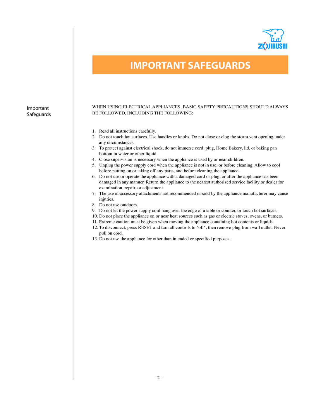 Zojirushi BBCC - M15 specifications Important Safeguards 