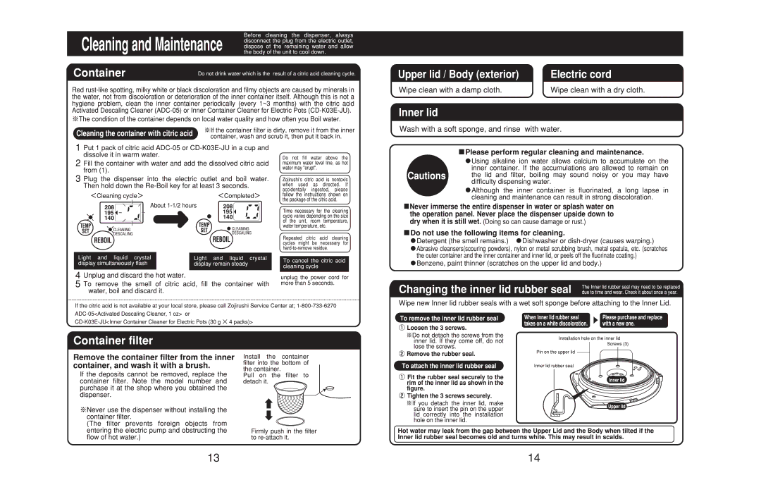 Zojirushi CD-JSC22, CD-JSC30 manual 