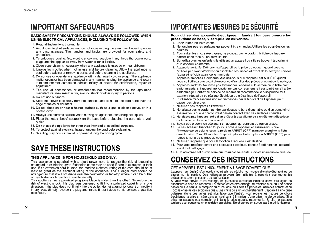 Zojirushi CK-BAC10 manual 