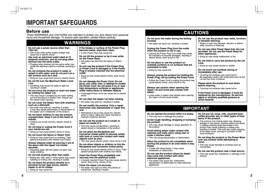 Zojirushi CK-BAC10 manual 