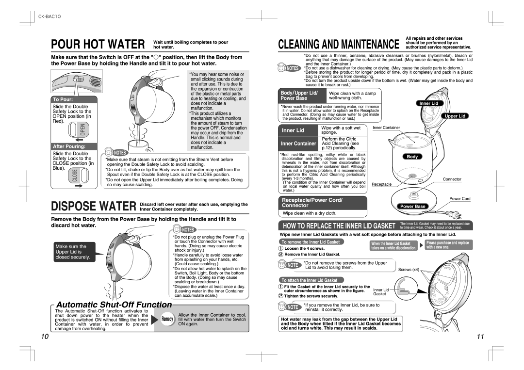 Zojirushi CK-BAC10 manual 