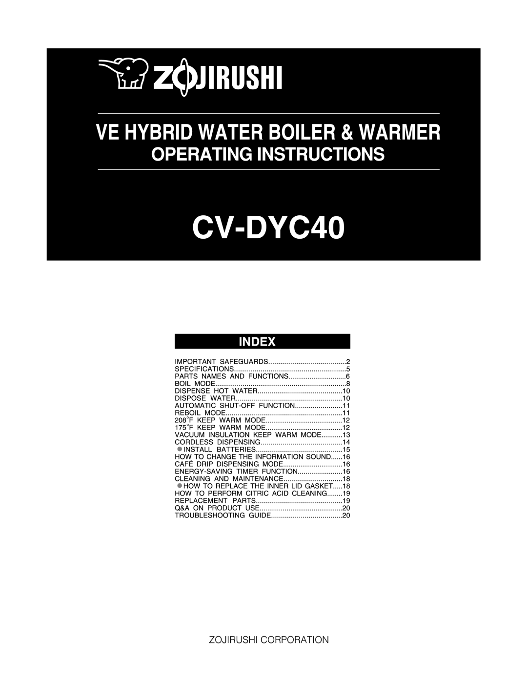 Zojirushi CV-DYC40 manual 