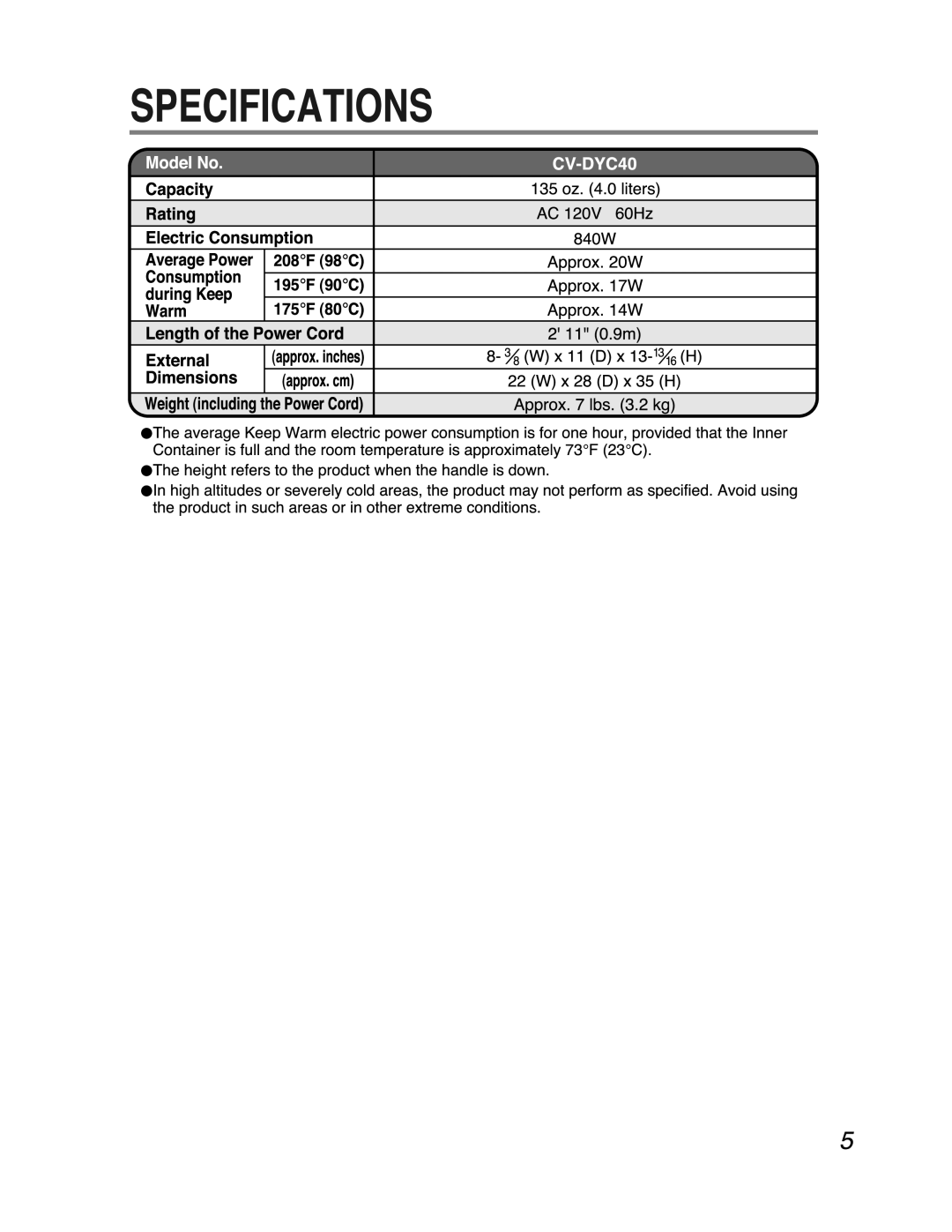 Zojirushi CV-DYC40 manual 