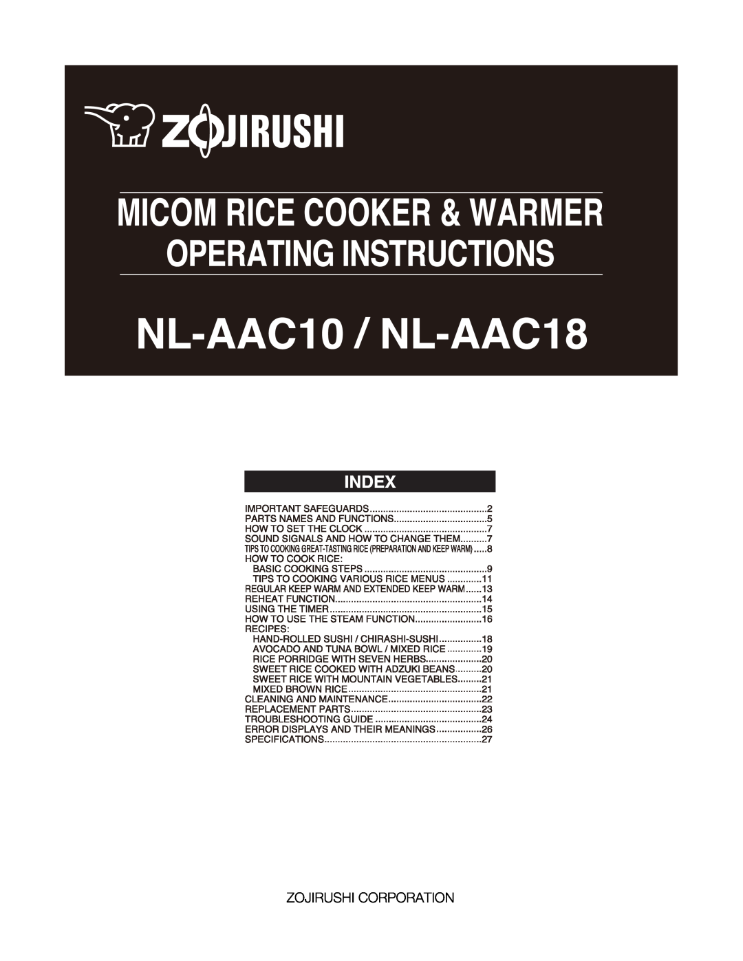 Zojirushi NL-AAC10, NL-AAC18 manual 