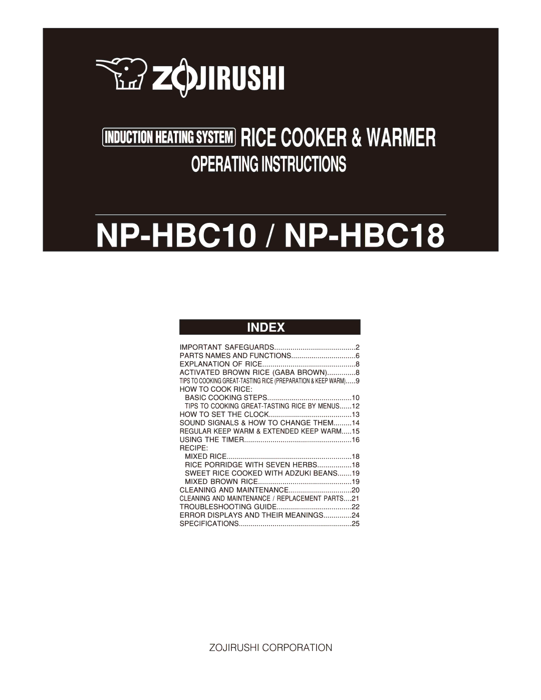 Zojirushi NP-HBC18, NP-HBC10 manual 