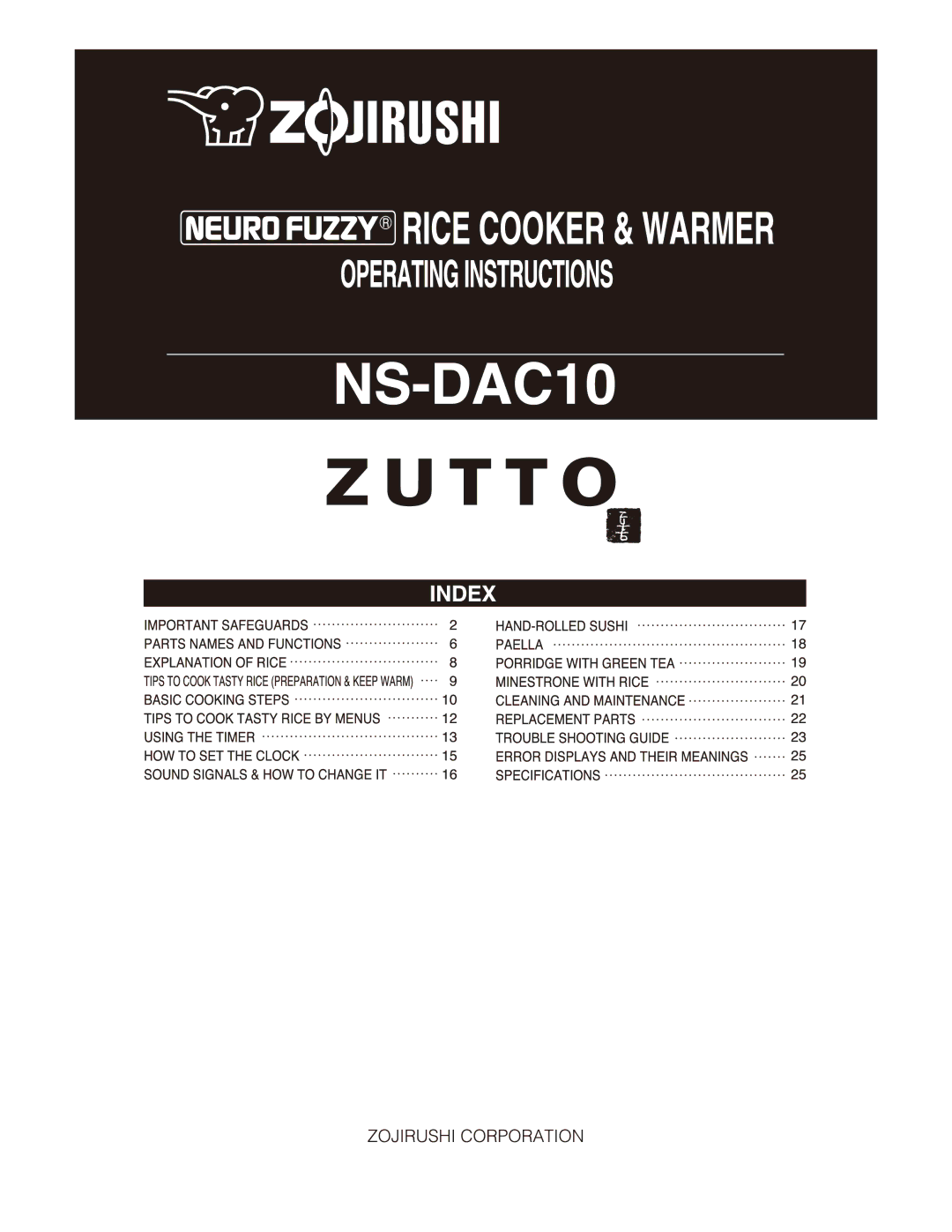 Zojirushi NS-DAC10 manual 