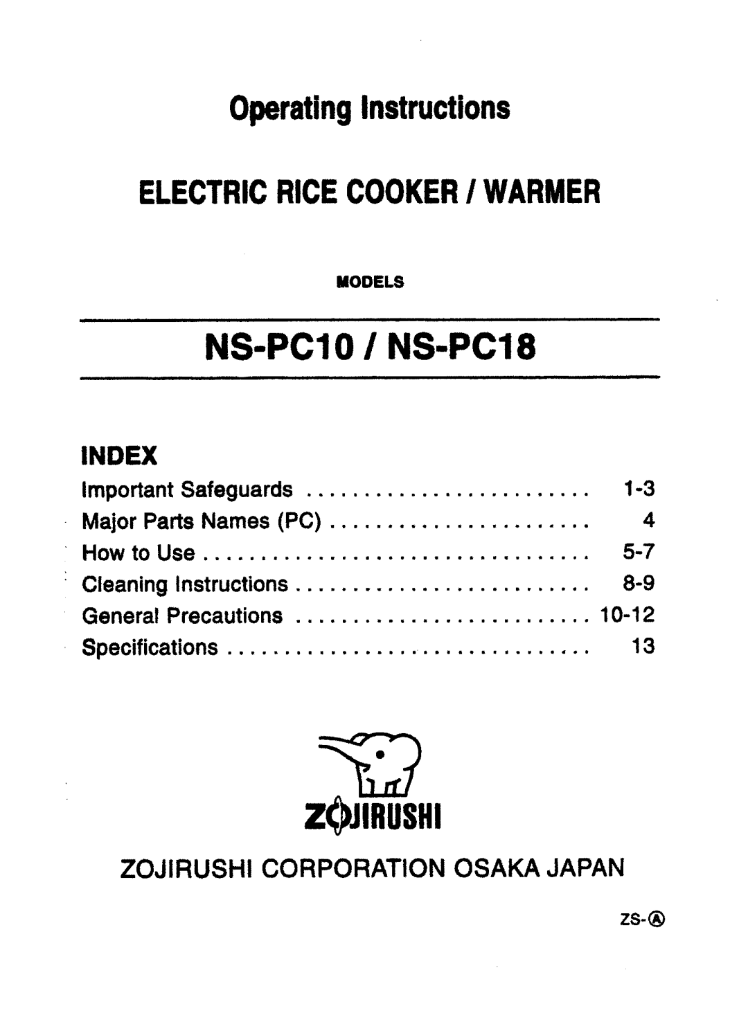 Zojirushi NS-PC18, NS-PC10 manual 