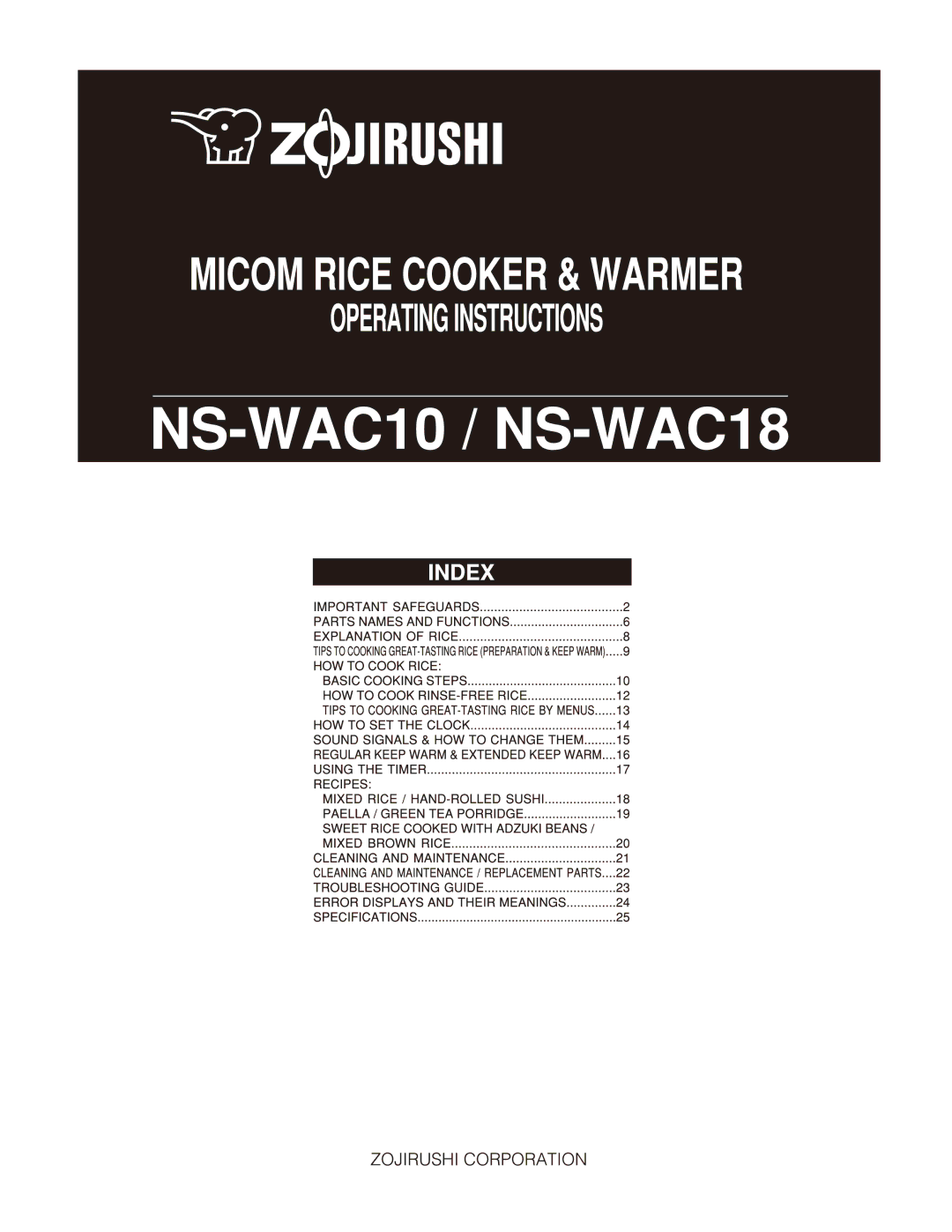 Zojirushi NS-WAC18, NS-WAC10 manual 