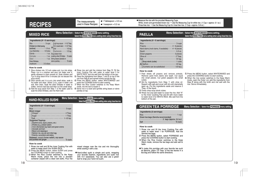 Zojirushi NS-WAC10, NS-WAC18 manual 