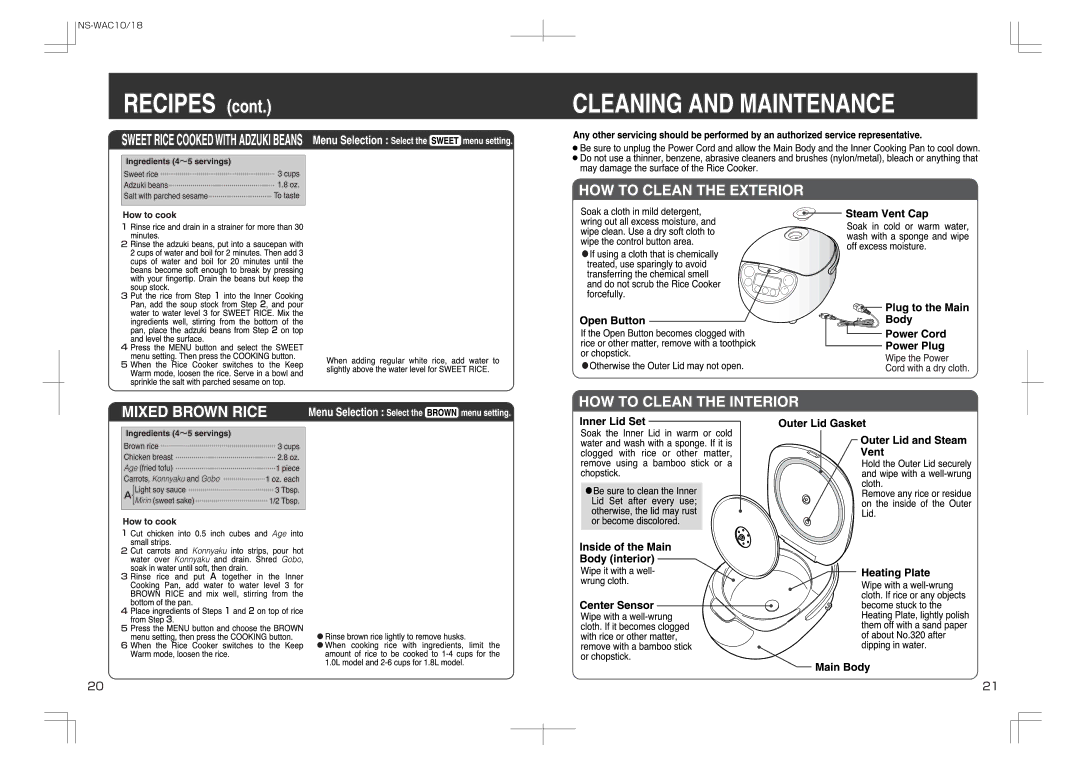 Zojirushi NS-WAC18, NS-WAC10 manual 