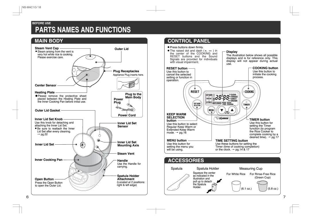 Zojirushi NS-WAC10, NS-WAC18 manual 