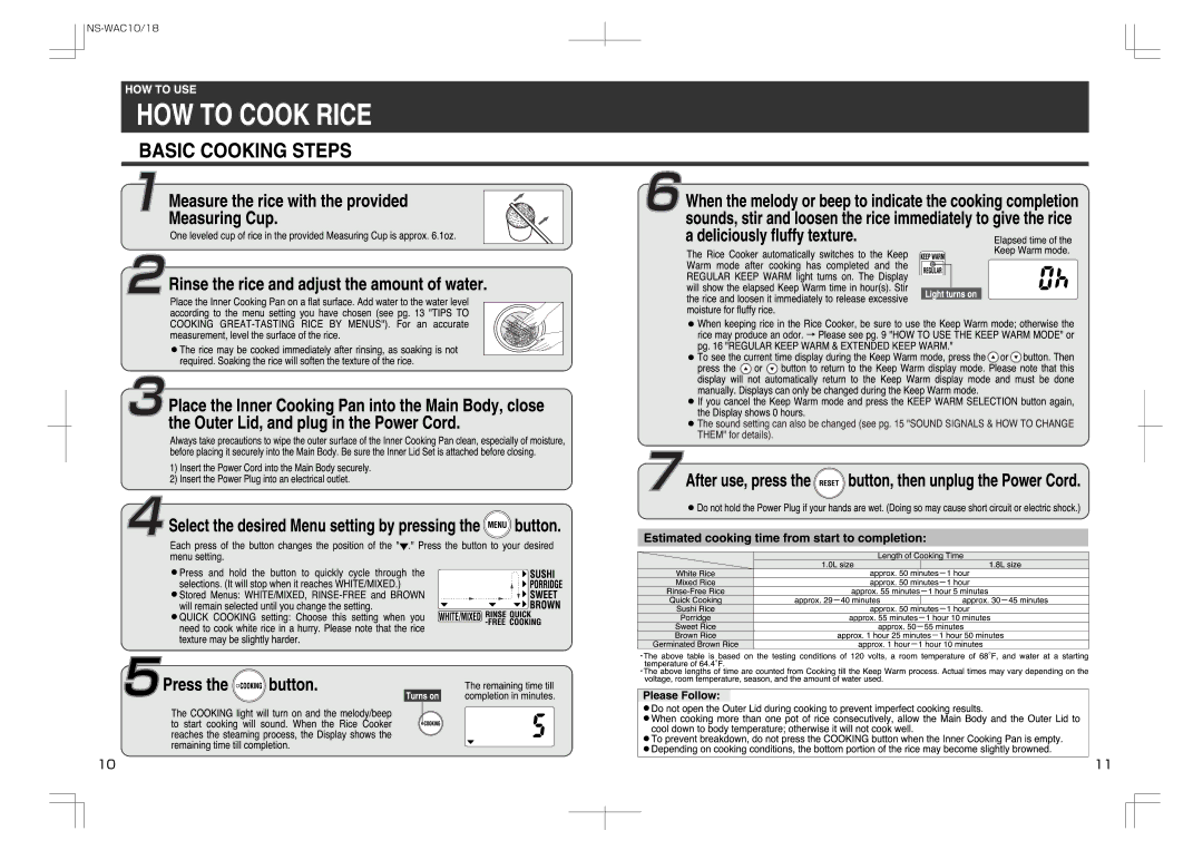 Zojirushi NS-WAC10, NS-WAC18 manual 