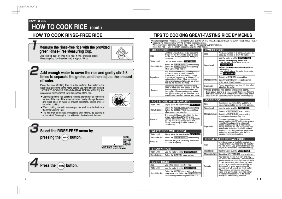 Zojirushi NS-WAC18, NS-WAC10 manual 