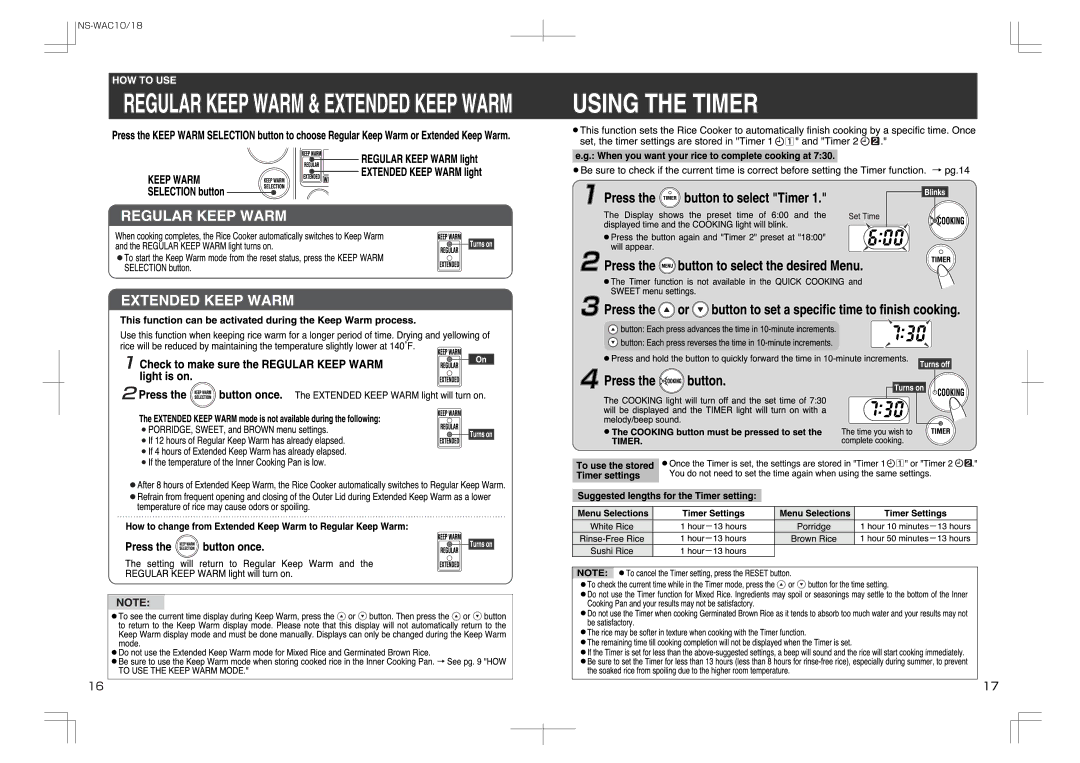 Zojirushi NS-WAC18, NS-WAC10 manual 