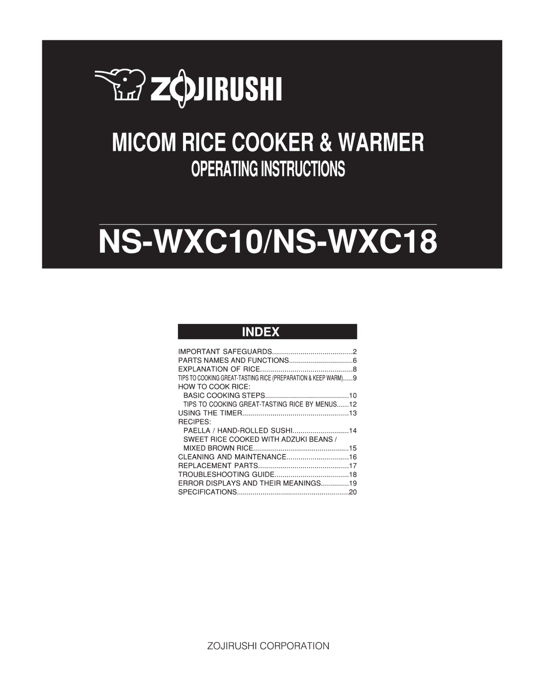 Zojirushi NS-WXC10, NS-WXC18 manual 