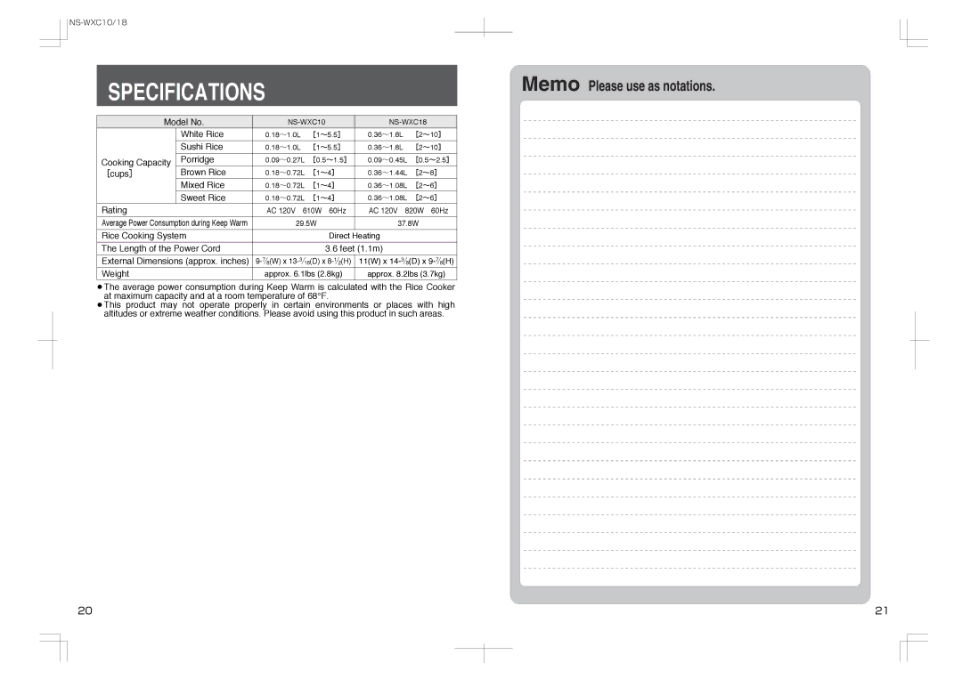 Zojirushi NS-WXC10, NS-WXC18 manual Specifications, AC 120V 610W 60Hz AC 120V 820W 60Hz, 29.5W, Direct Heating 