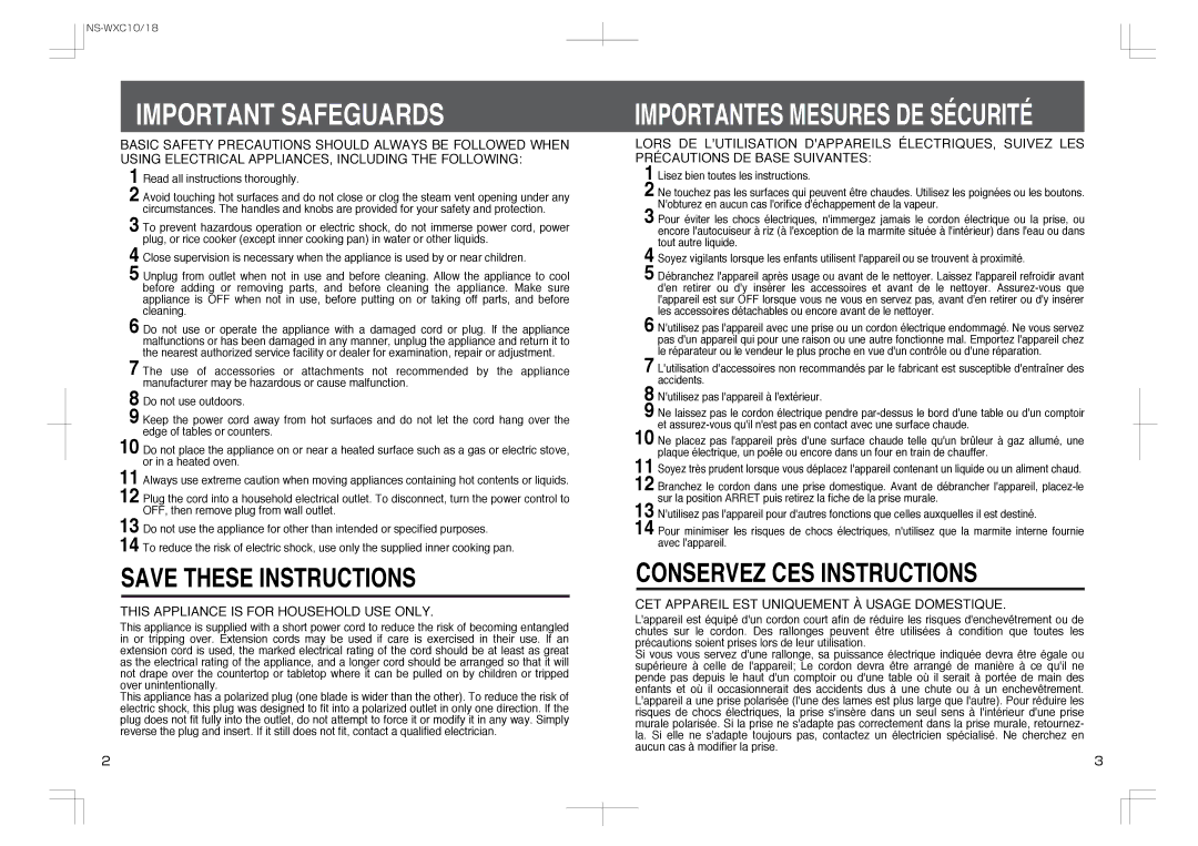 Zojirushi NS-WXC18, NS-WXC10 manual Important Safeguards, This Appliance is for Household USE only 