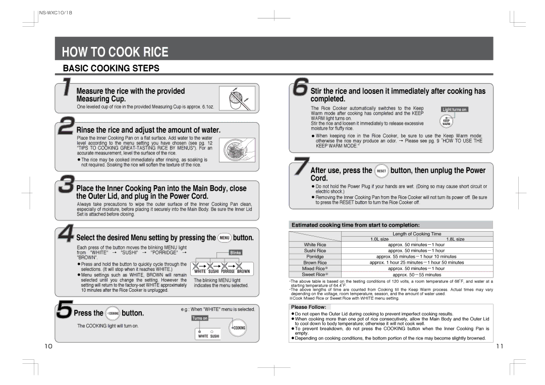 Zojirushi NS-WXC18, NS-WXC10 manual HOW to Cook Rice, Estimated cooking time from start to completion, Please Follow 