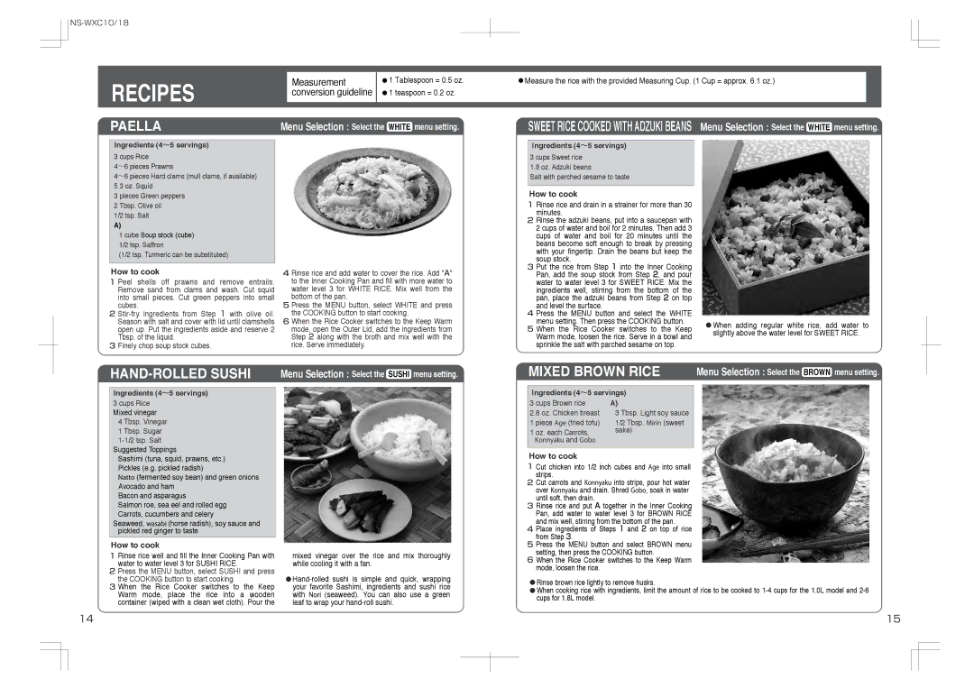 Zojirushi NS-WXC18, NS-WXC10 manual Recipes 