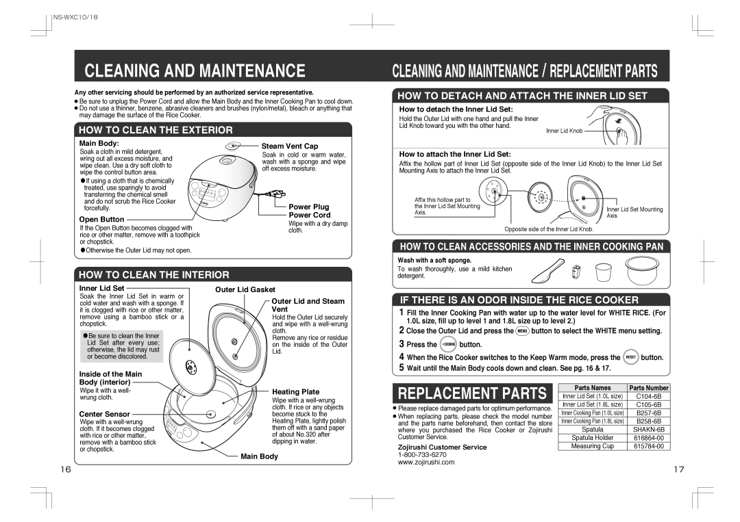 Zojirushi NS-WXC10, NS-WXC18 manual Cleaning and Maintenance 