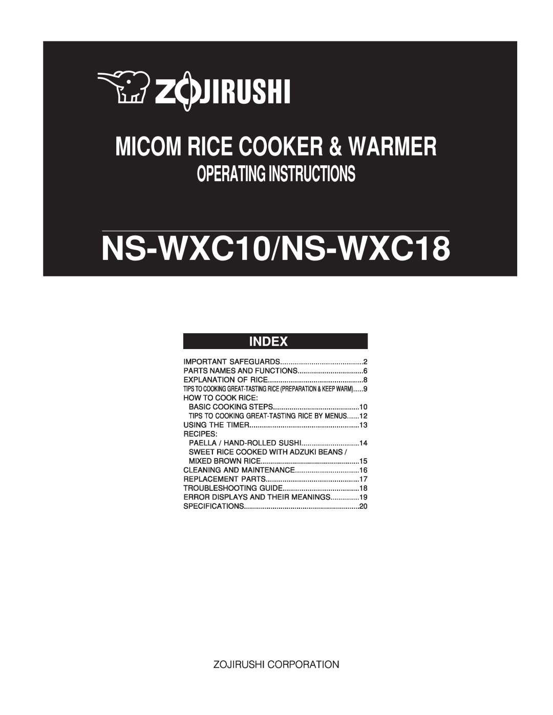 Zojirushi NS-WXC10, NS-WXC18 manual 
