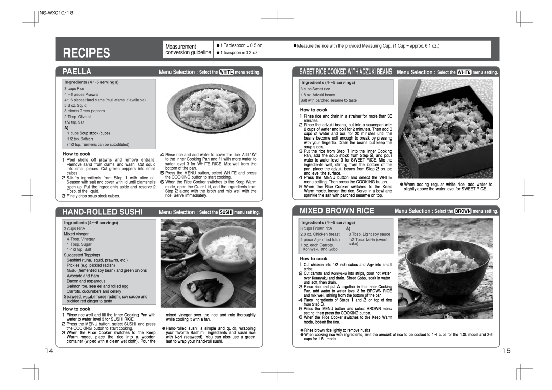 Zojirushi NS-WXC18, NS-WXC10 manual Recipes, Paella, Hand-Rolled Sushi, Mixed Brown Rice, Measurement 
