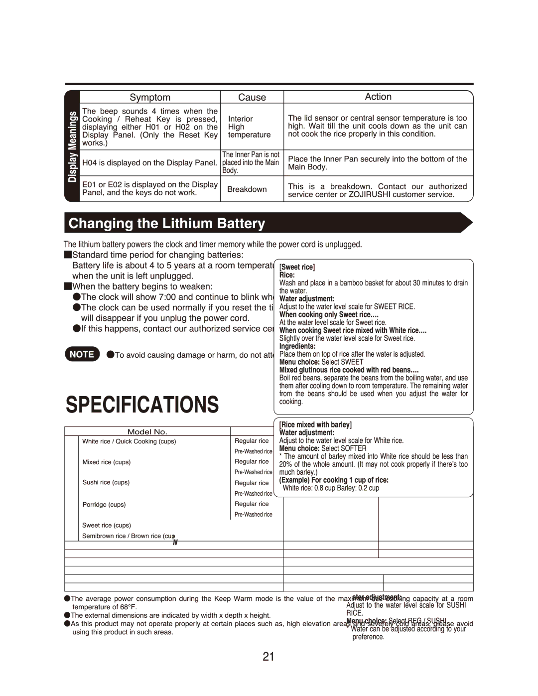 Zojirushi NS-ZCC18, NS-ZCC10 manual 