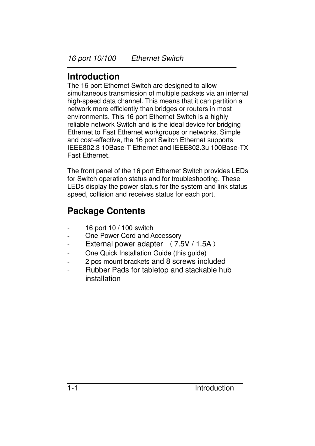 Zonet Technology 16 port 10/100 manual Introduction, Package Contents 