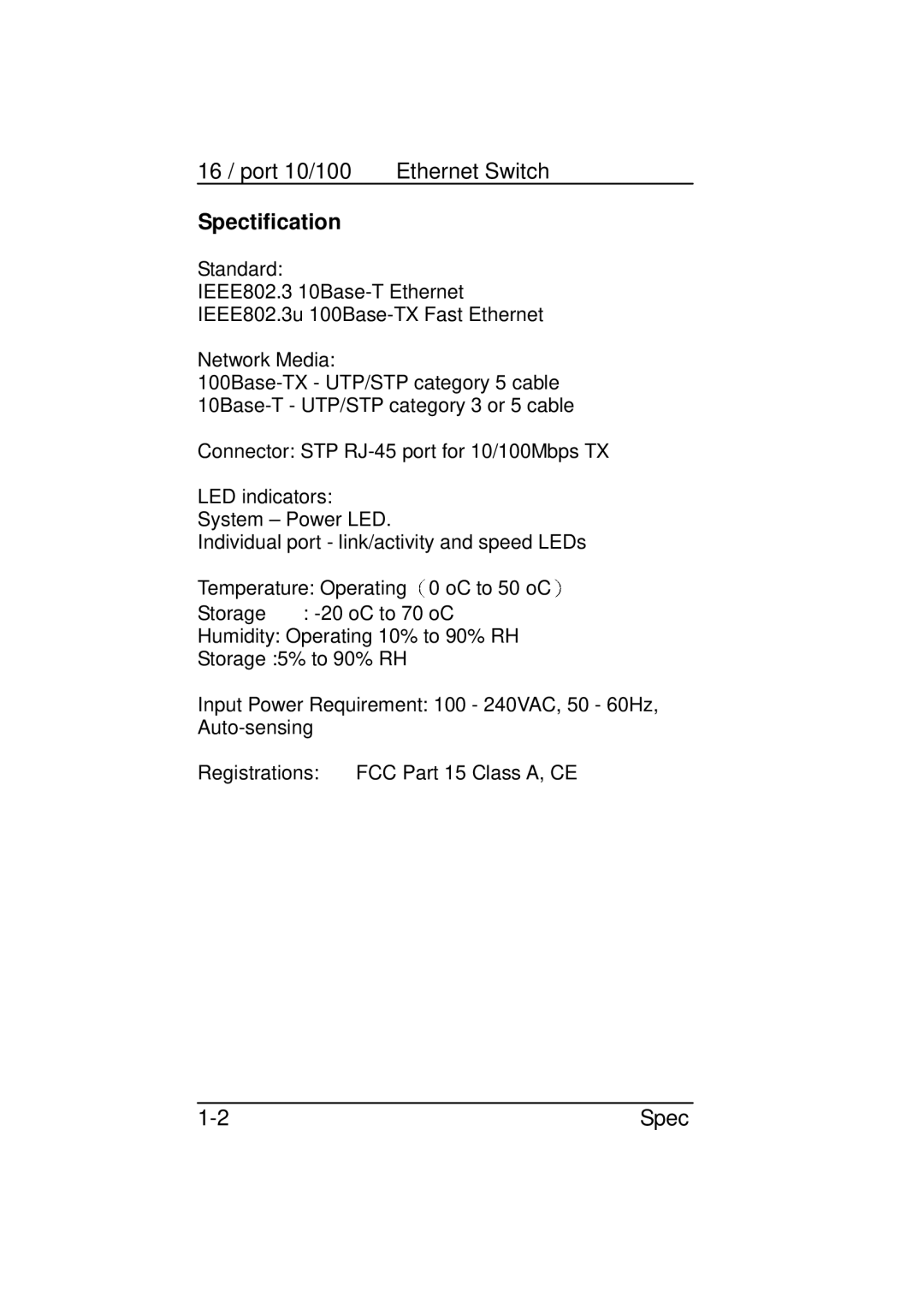 Zonet Technology 16 port 10/100 manual Spectification 