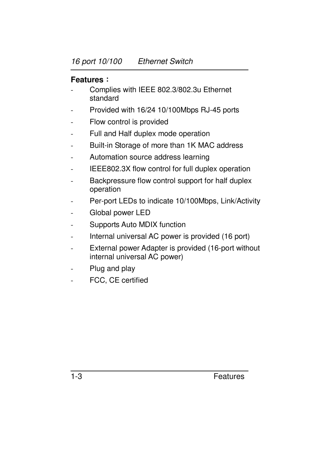 Zonet Technology 16 port 10/100 manual Features 