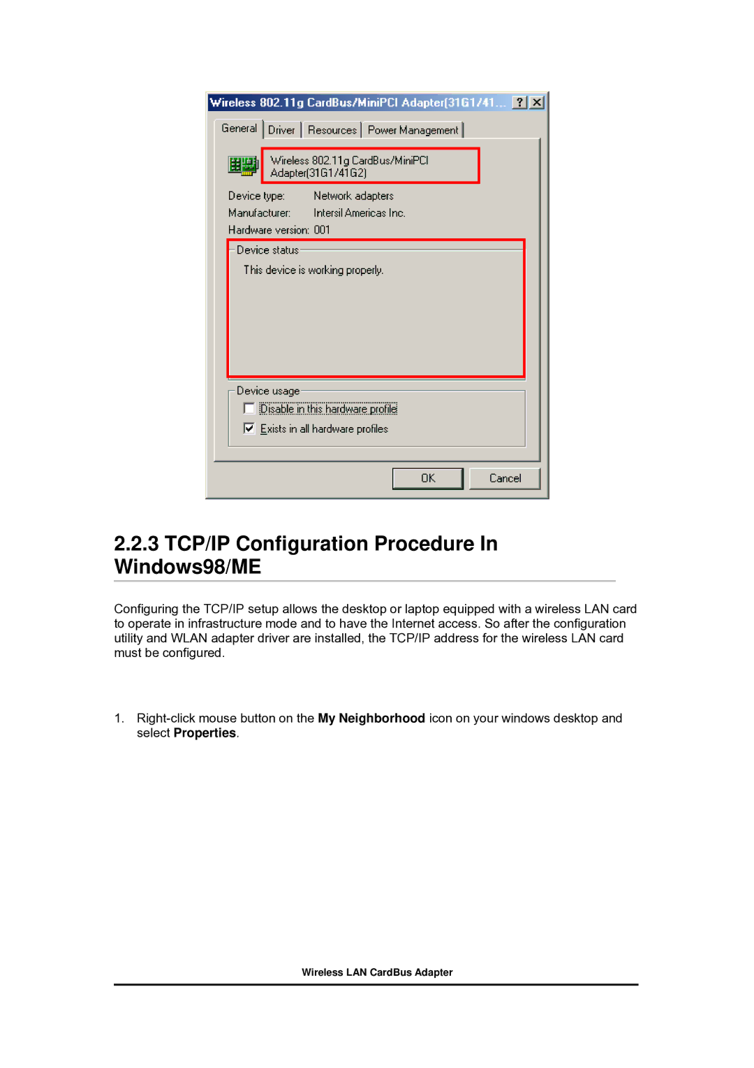 Zonet Technology 802.11 g 54Mbps Wireless LAN CardBus Adapter user manual 3 TCP/IP Configuration Procedure In Windows98/ME 