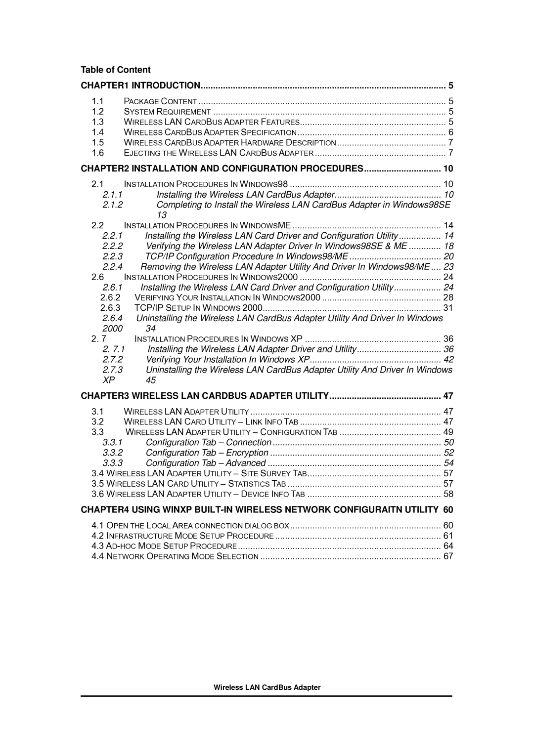 Zonet Technology 802.11 g 54Mbps Wireless LAN CardBus Adapter user manual Installation and Configuration Procedures 