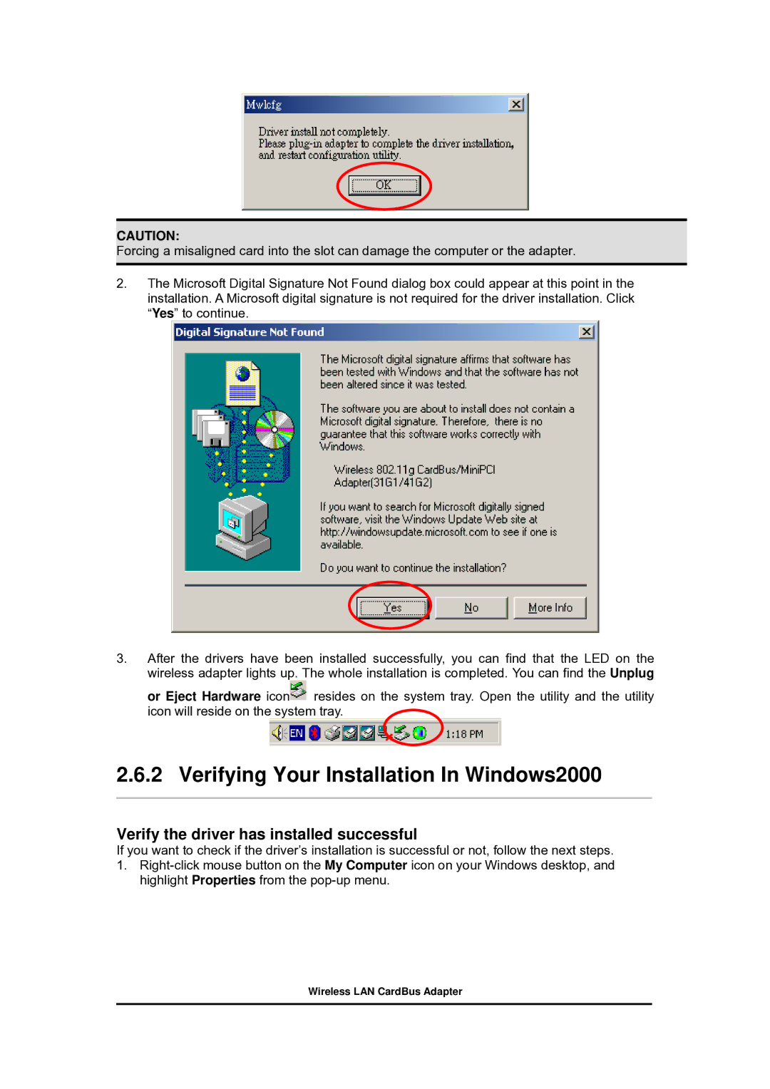 Zonet Technology 802.11 g 54Mbps Wireless LAN CardBus Adapter user manual Verifying Your Installation In Windows2000 