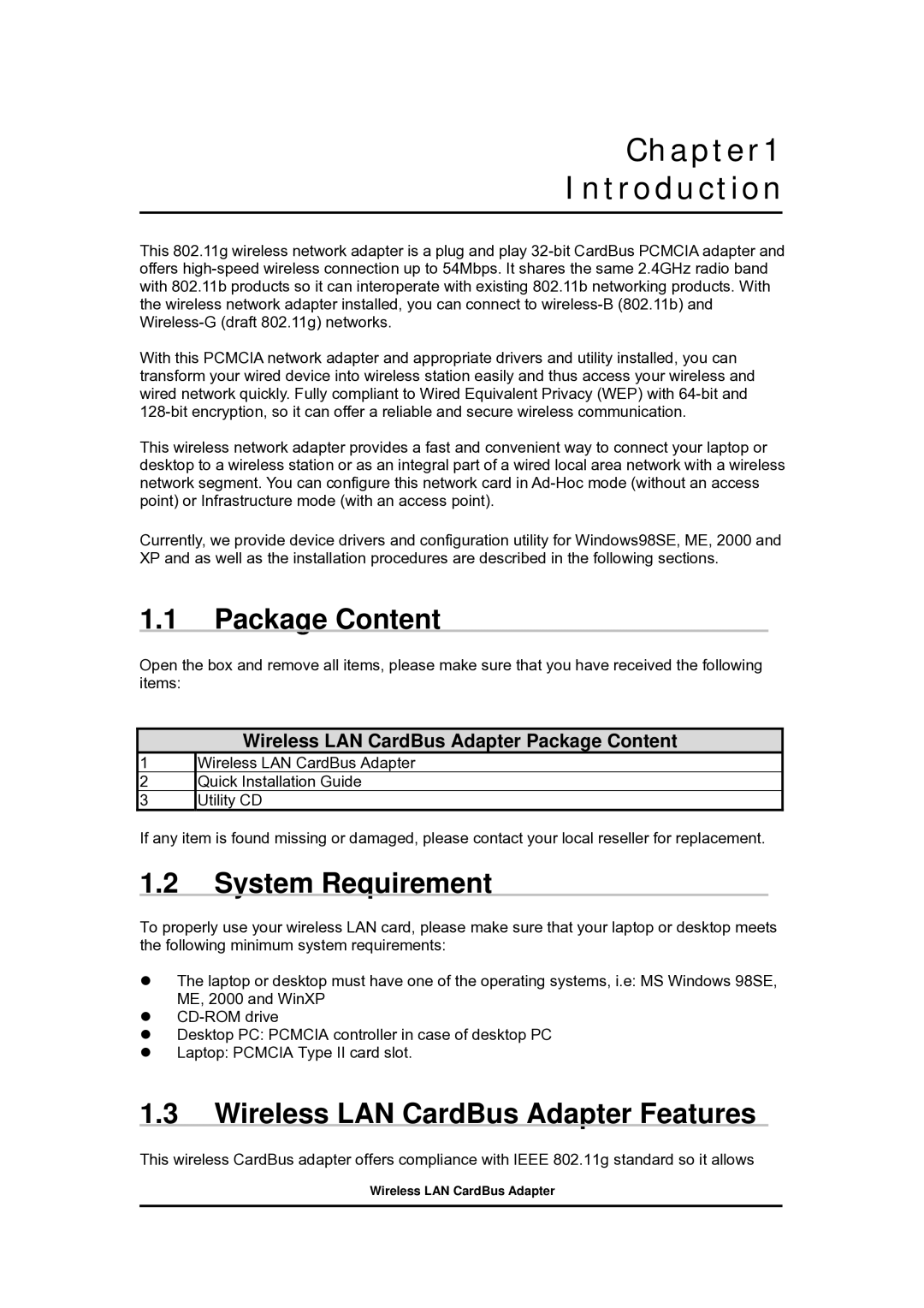 Zonet Technology 802.11 g 54Mbps Wireless LAN CardBus Adapter user manual Package Content, System Requirement 