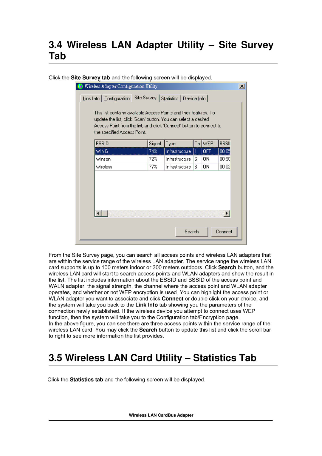 Zonet Technology 802.11 g 54Mbps Wireless LAN CardBus Adapter user manual Wireless LAN Adapter Utility Site Survey Tab 