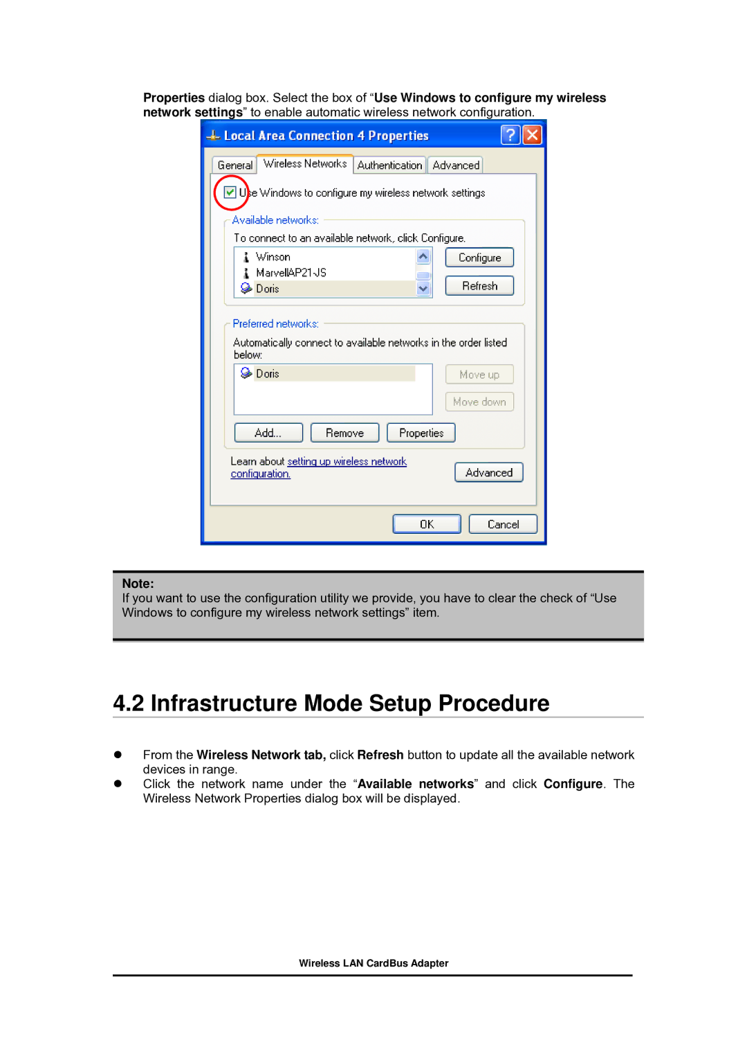 Zonet Technology 802.11 g 54Mbps Wireless LAN CardBus Adapter user manual Infrastructure Mode Setup Procedure 