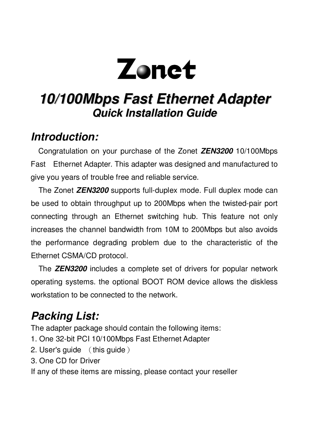 Zonet Technology ZEN3200 manual 10/100Mbps Fast Ethernet Adapter, Quick Installation Guide Introduction, Packing List 