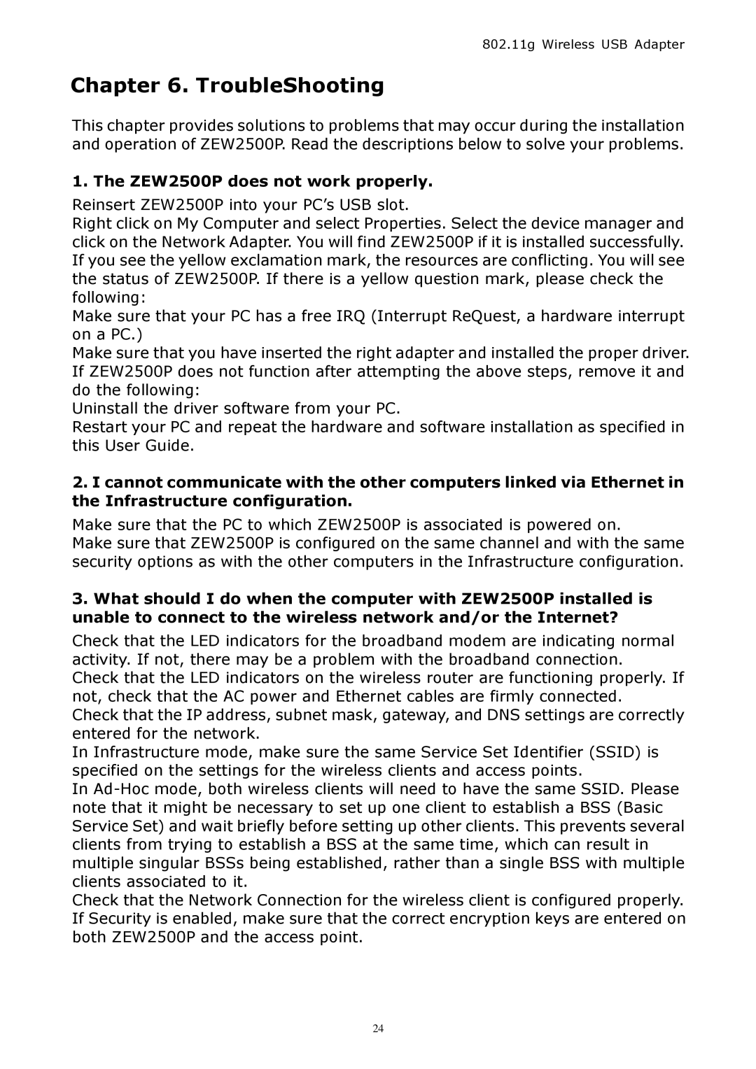 Zonet Technology ZEW 2500P manual TroubleShooting 