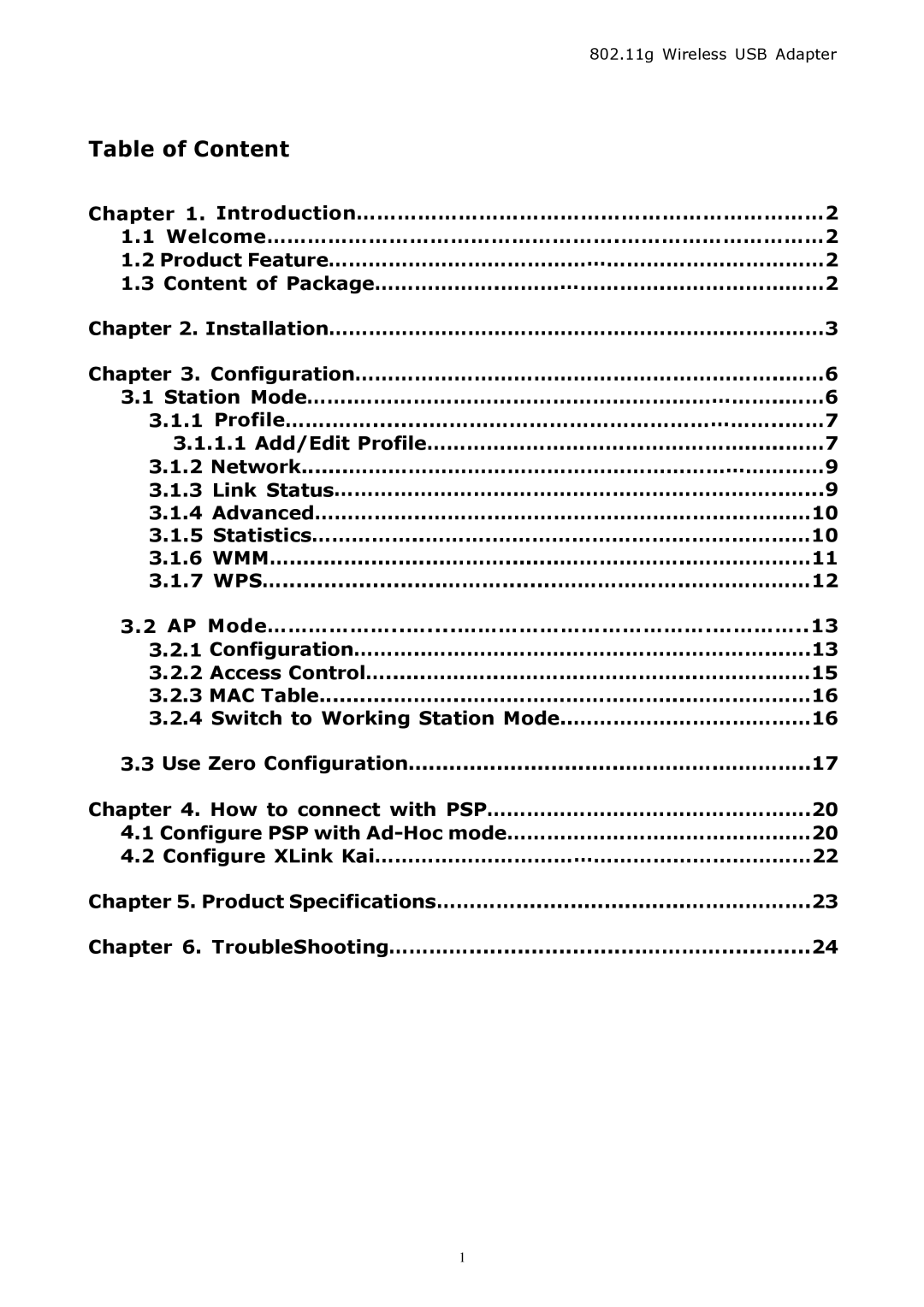 Zonet Technology ZEW 2500P manual Table of Content 