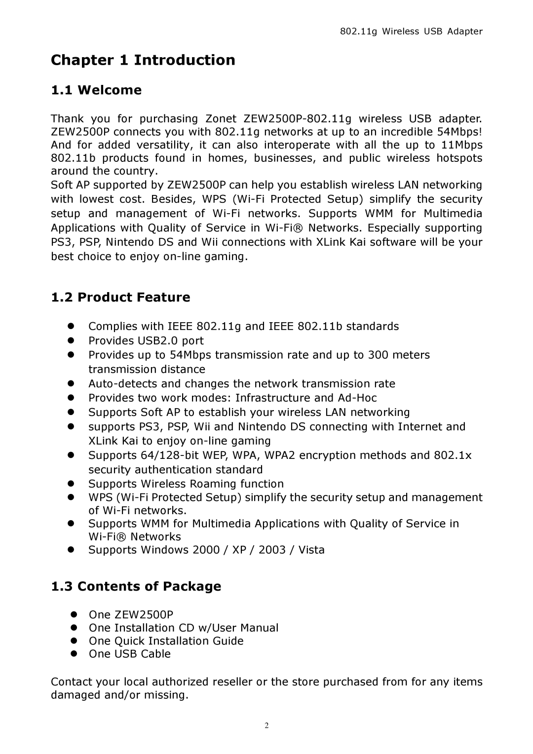 Zonet Technology ZEW 2500P manual Introduction, Welcome, Product Feature, Contents of Package 