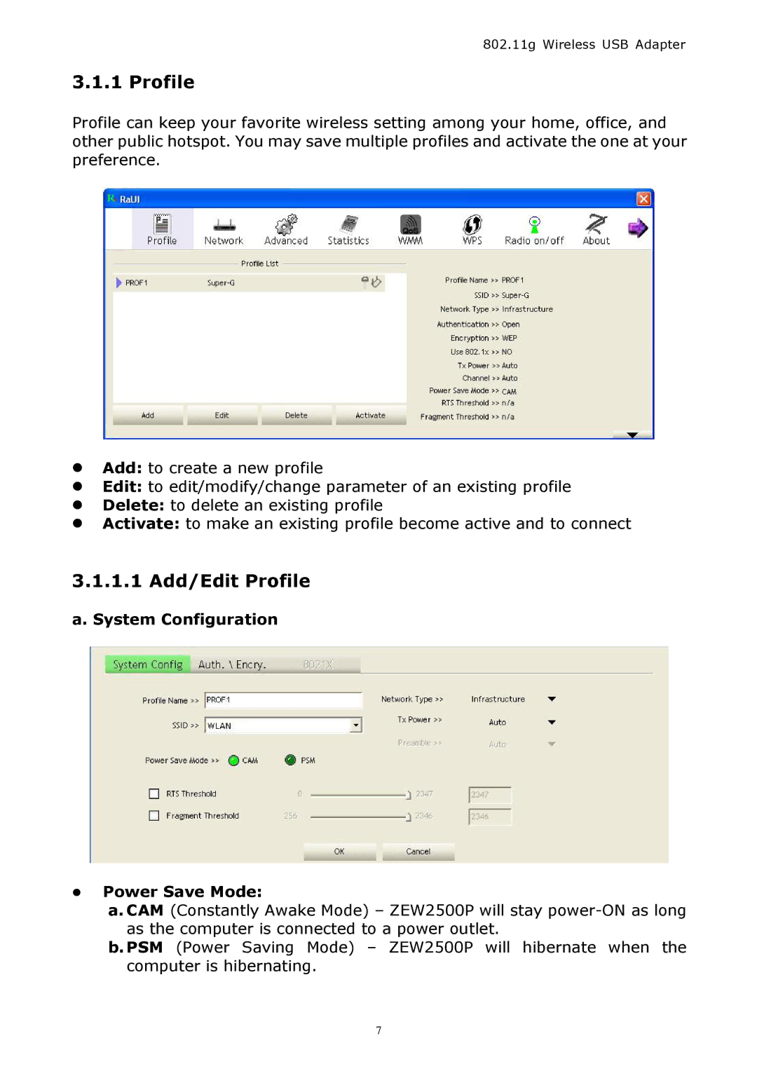 Zonet Technology ZEW 2500P manual 1.1 Add/Edit Profile 