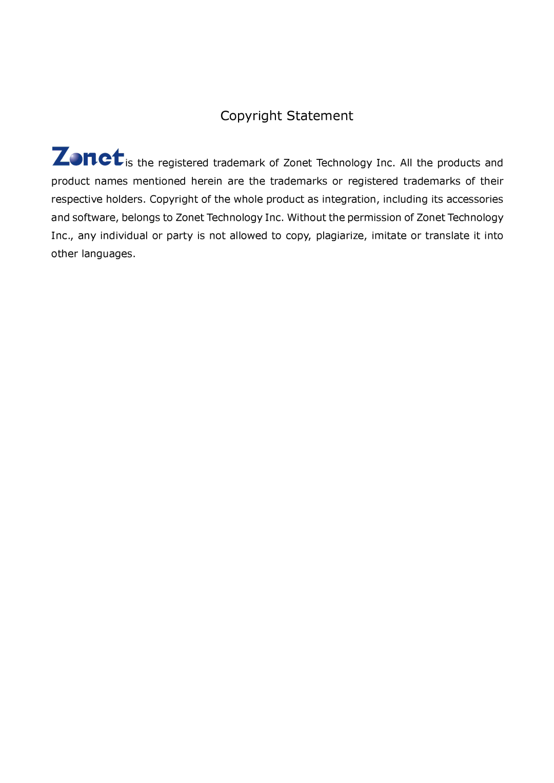 Zonet Technology ZEW1505, ZEW1605A manual Copyright Statement 