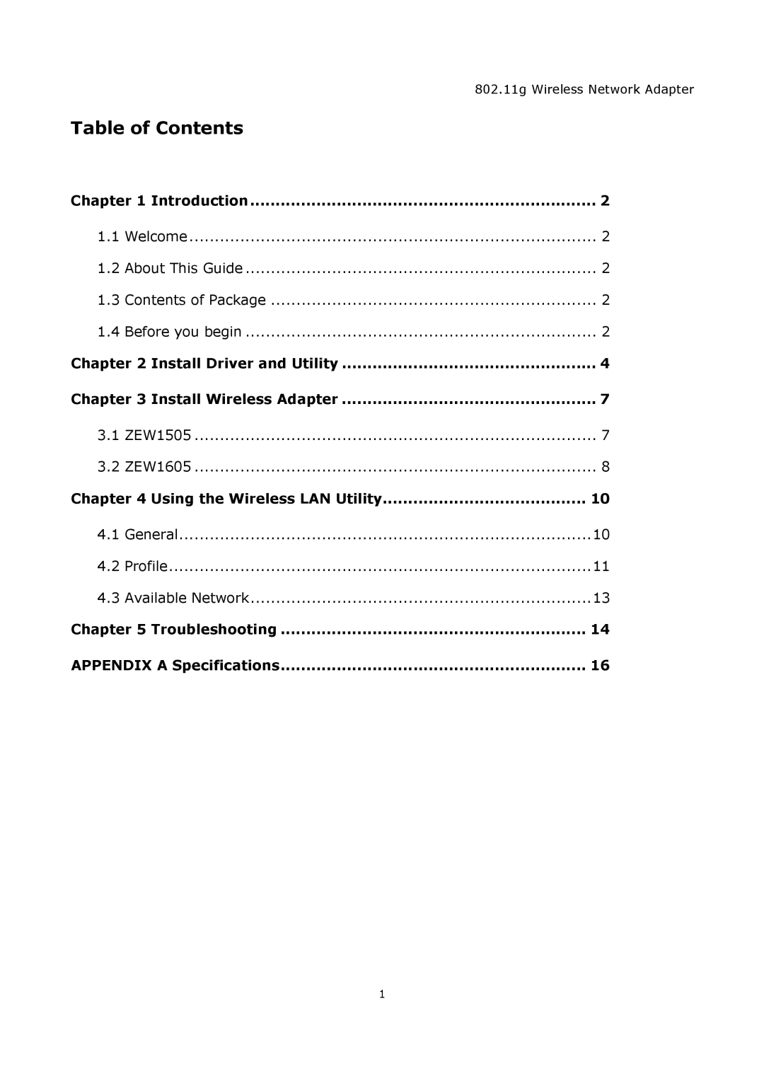 Zonet Technology ZEW1505, ZEW1605A manual Table of Contents 