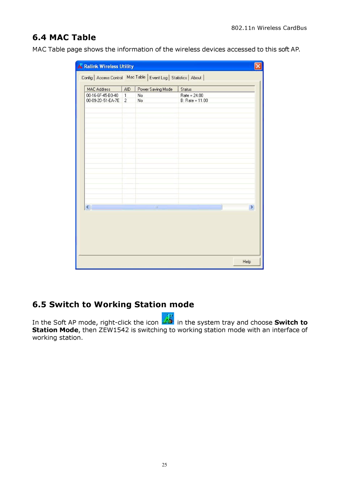 Zonet Technology ZEW1542 manual MAC Table, Switch to Working Station mode 