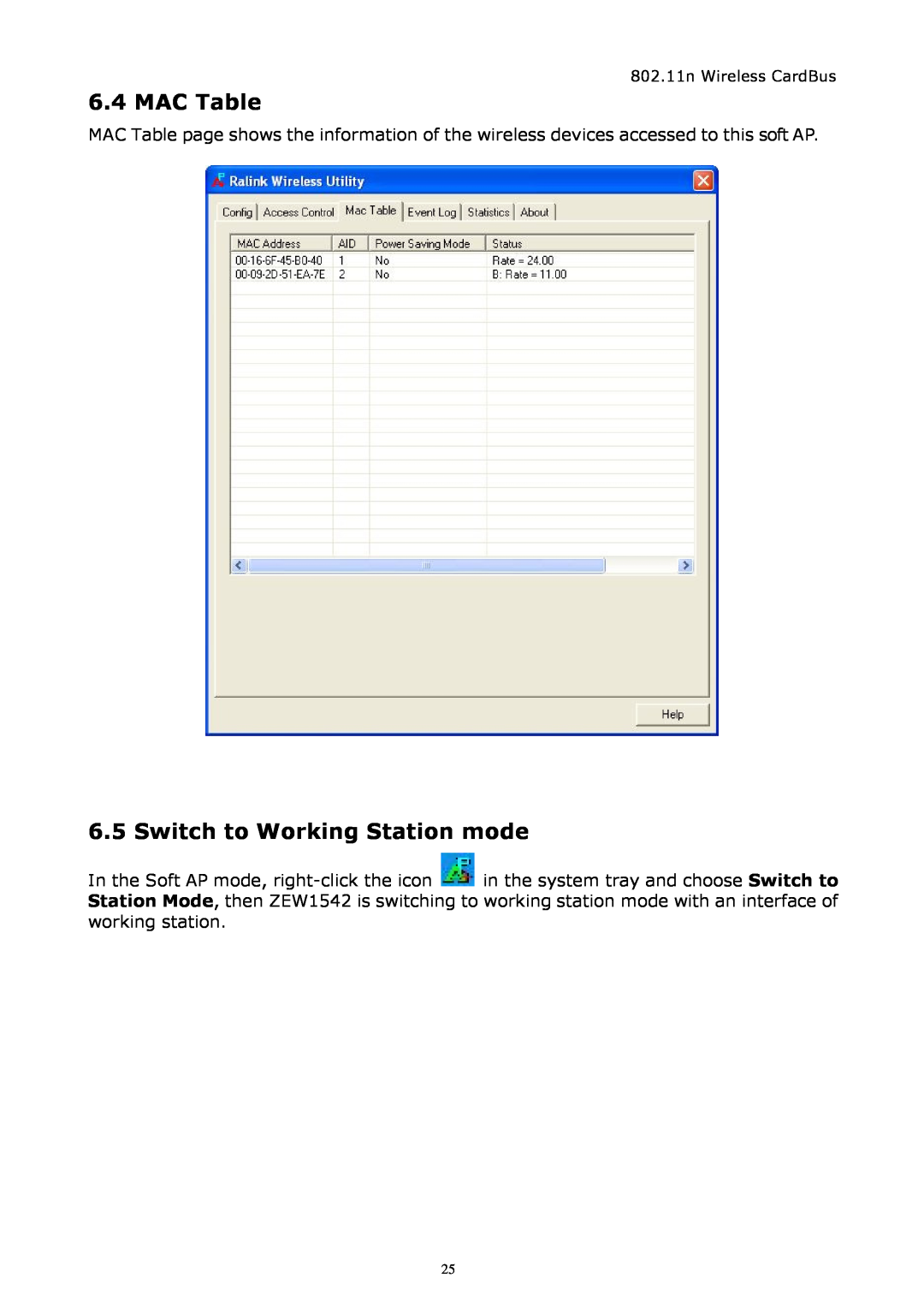 Zonet Technology ZEW1542 manual MAC Table, Switch to Working Station mode 