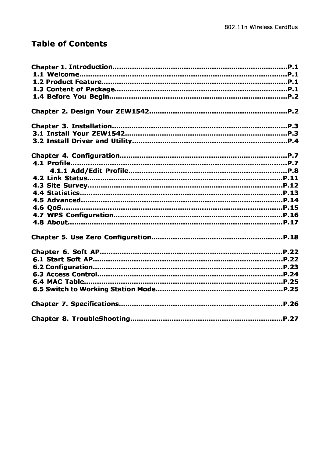 Zonet Technology ZEW1542 manual Table of Contents 
