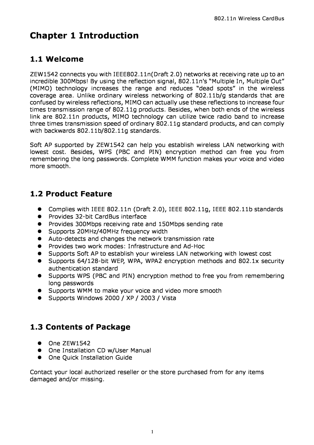 Zonet Technology ZEW1542 manual Introduction, Welcome, Product Feature, Contents of Package 